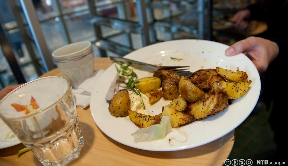 Tallerken med matrestar, halve tallerkenen er full av steikte poteter og saus. Foto.