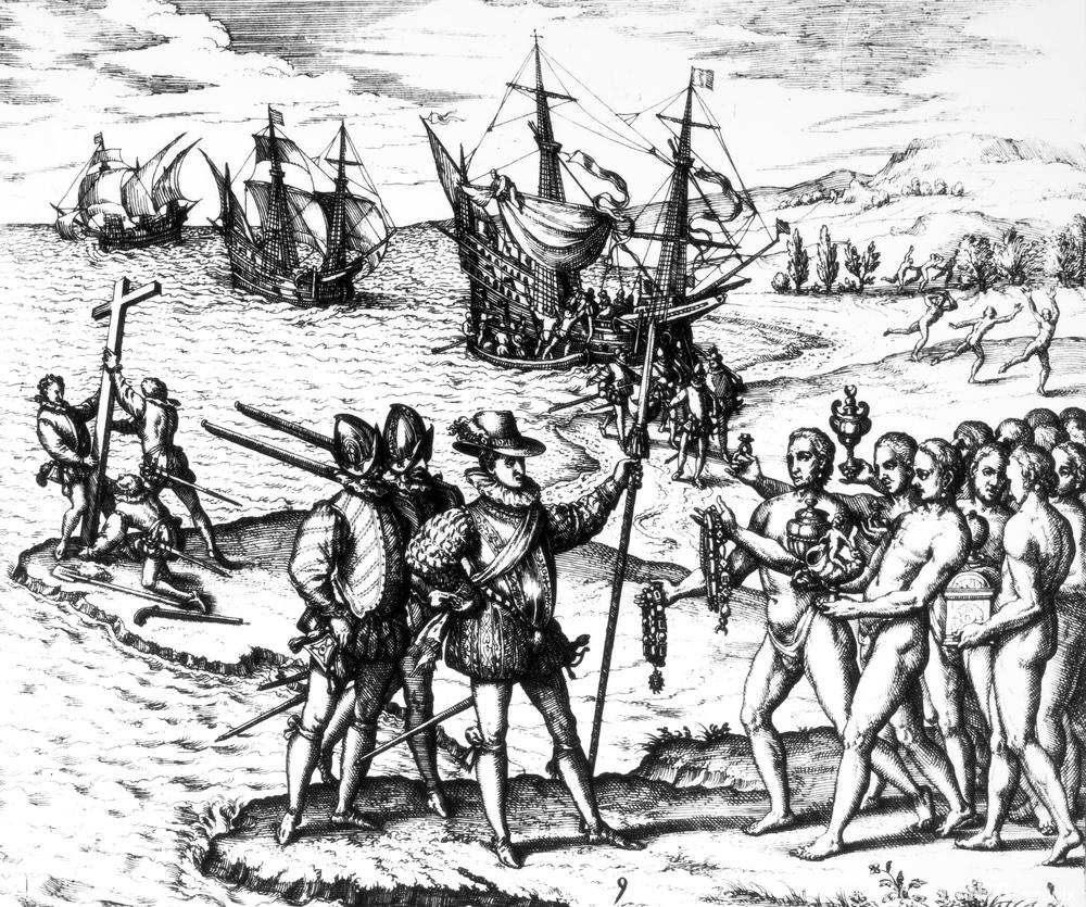 Christofer Columbus blir møtt av innfødte som kommer med gaver til ham. Illustrasjon.
