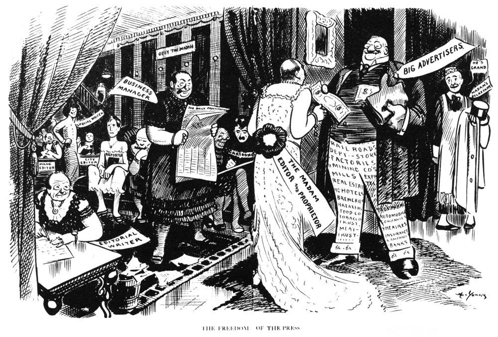 Karikaturtegning fra 1912 som viser hvordan kommersielle aktører påvirker pressen. Illustrasjon.
