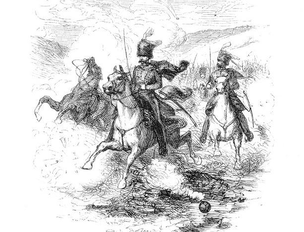 Drawing: Two men on horseback, wearing large hats with plumes. A third horse is seen rearing up in the background. We also see an indication of more soldiers following behind. There is smoke all around them, and we see a cannon ball on the ground. 