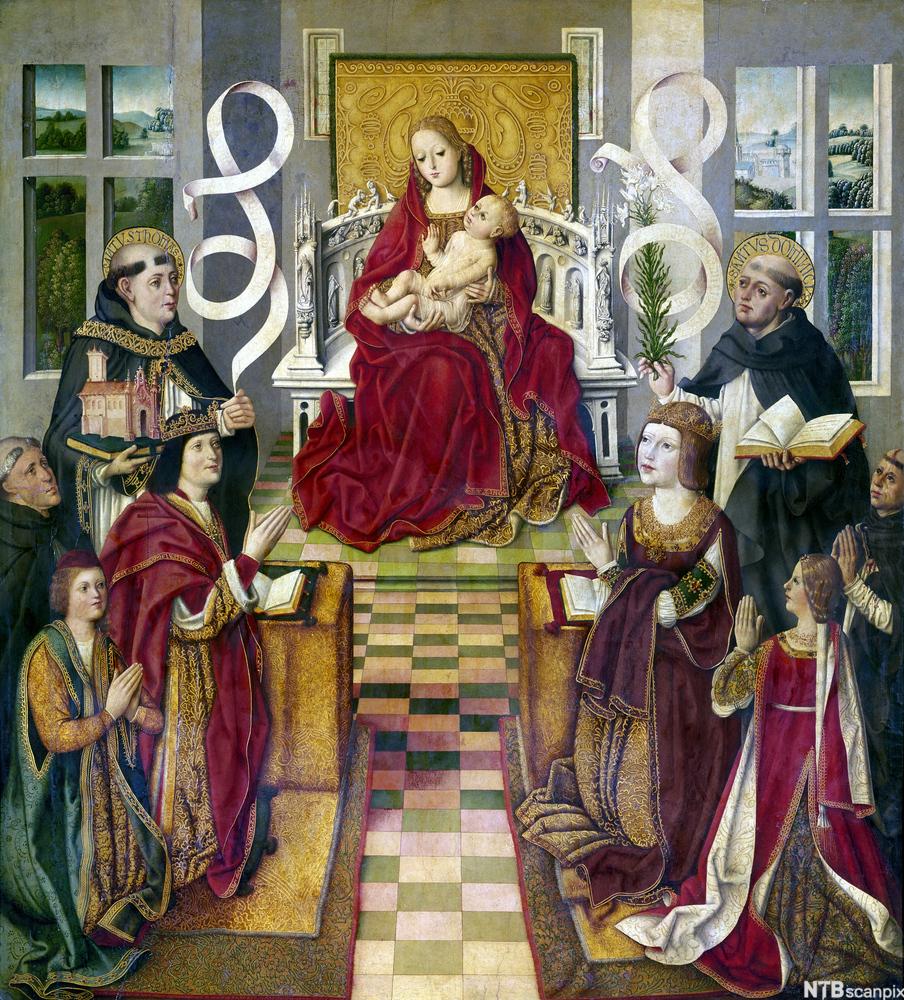 den spanske kongen og dronningen kneler foran tronen der jomfru Maria sitter med Jesus-barnet