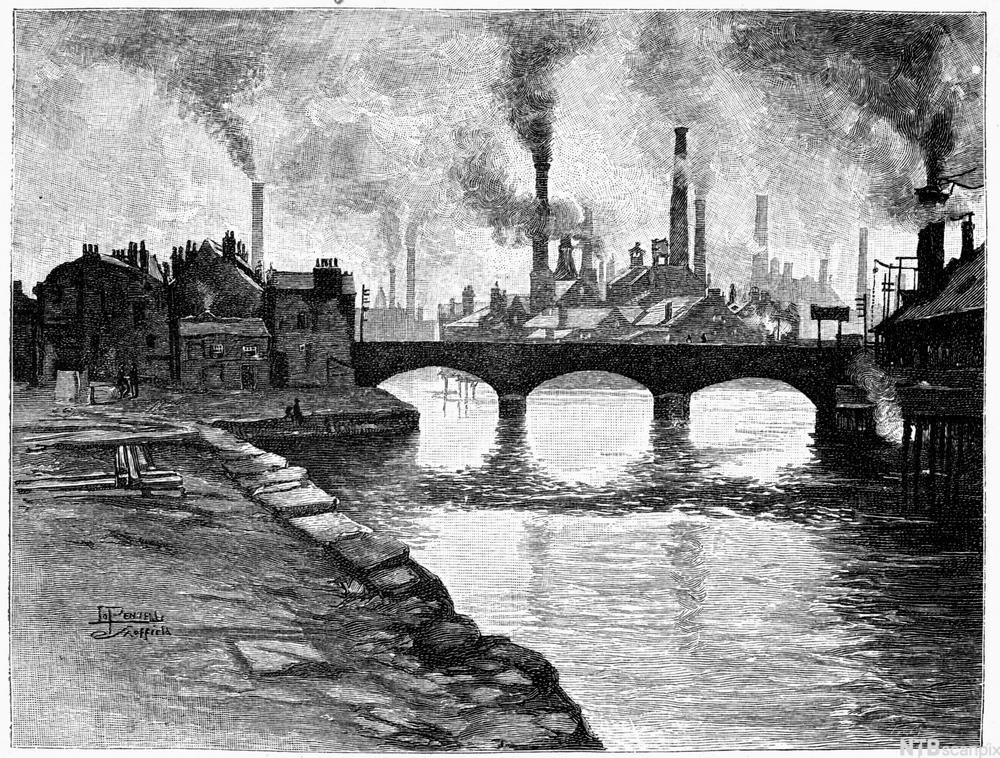 Fabrikker og hus i Sheffield, England, 1884. Fabrikkene ligger ved ei elv og det går ei bro over elva. Det er mye røyk fra pipene. Illustrasjon i svart-hvitt.