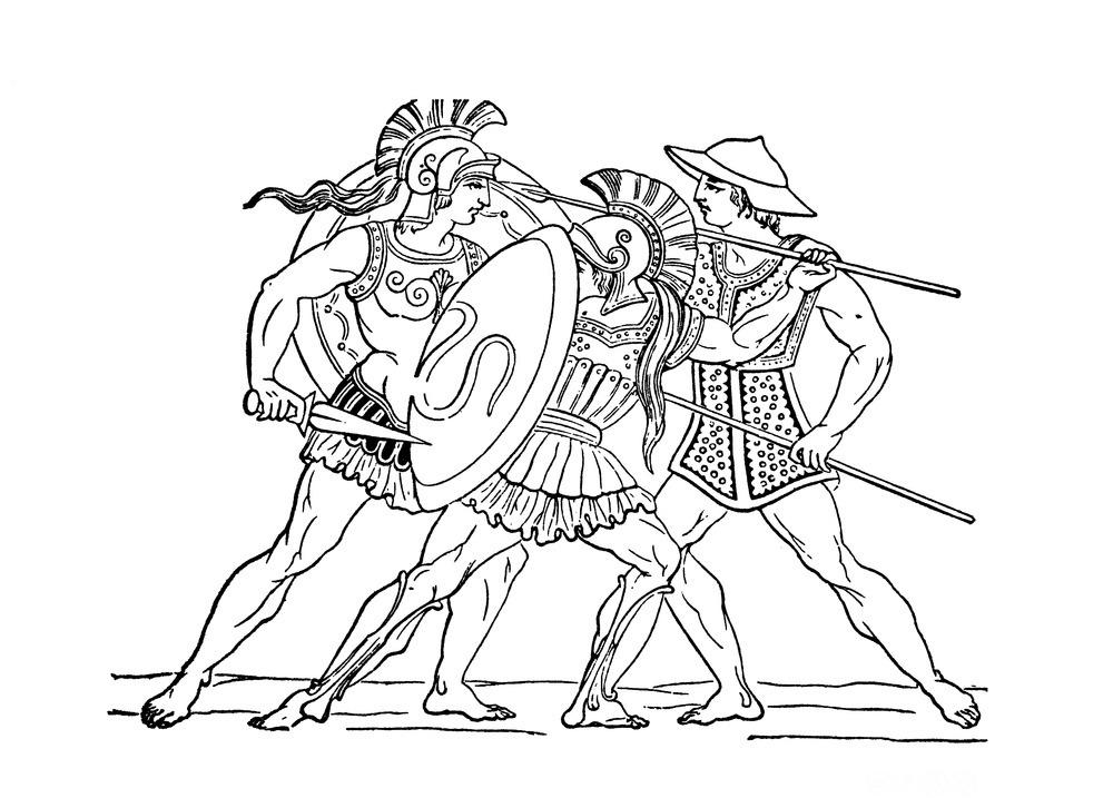 Den greske antikkens krigere, kalt hopliter. Illustrasjon.