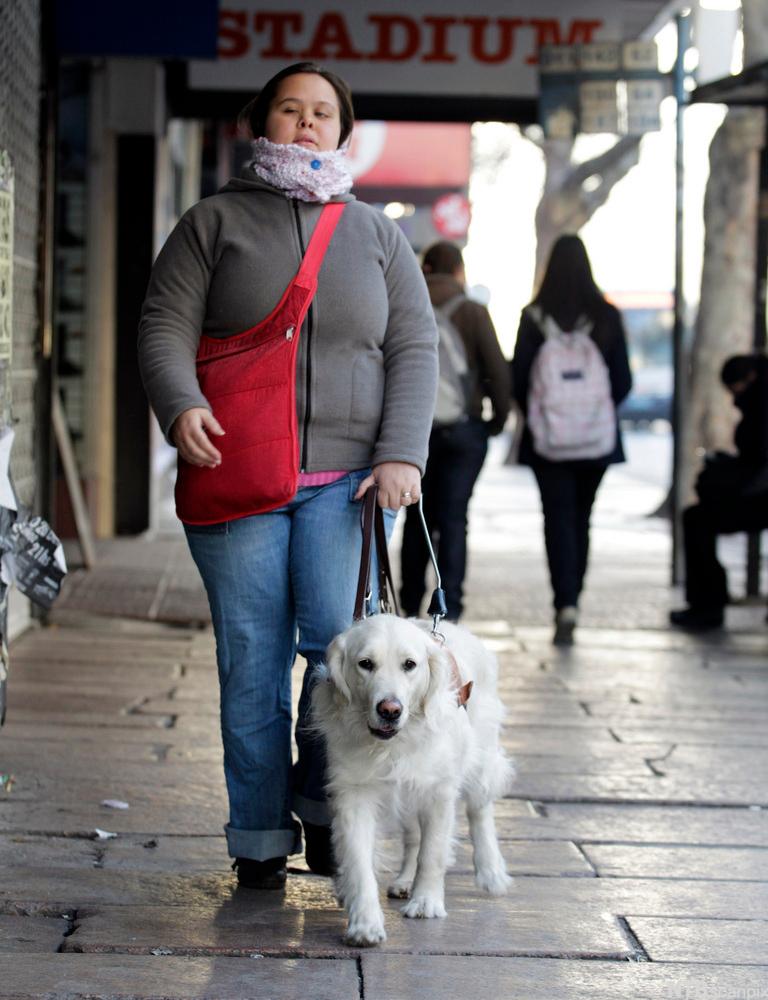 Blind person with guide dog. Photo.