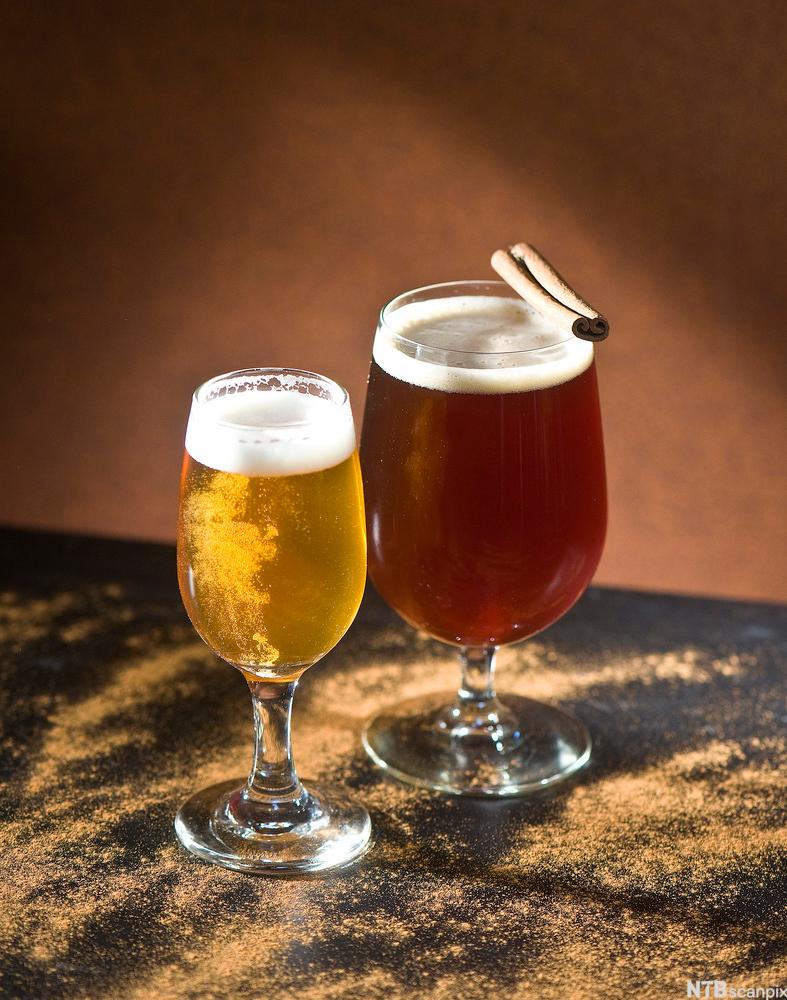 To glass med øl – ett lyst og ett mørkt øl. Foto.