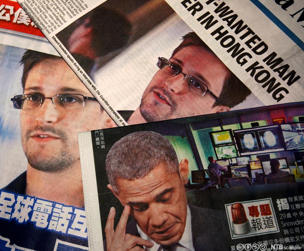 Avisforsider med bilder av Edward Snowden og president Obama. Foto.