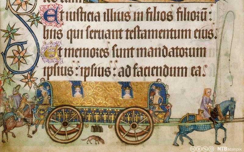 Kongelig vogn i middelalderen, fra den illustrerte salmeboka 𝘓𝘶𝘵𝘵𝘳𝘦𝘭𝘭 𝘗𝘴𝘢𝘭𝘵𝘦𝘳. Illustrasjon.