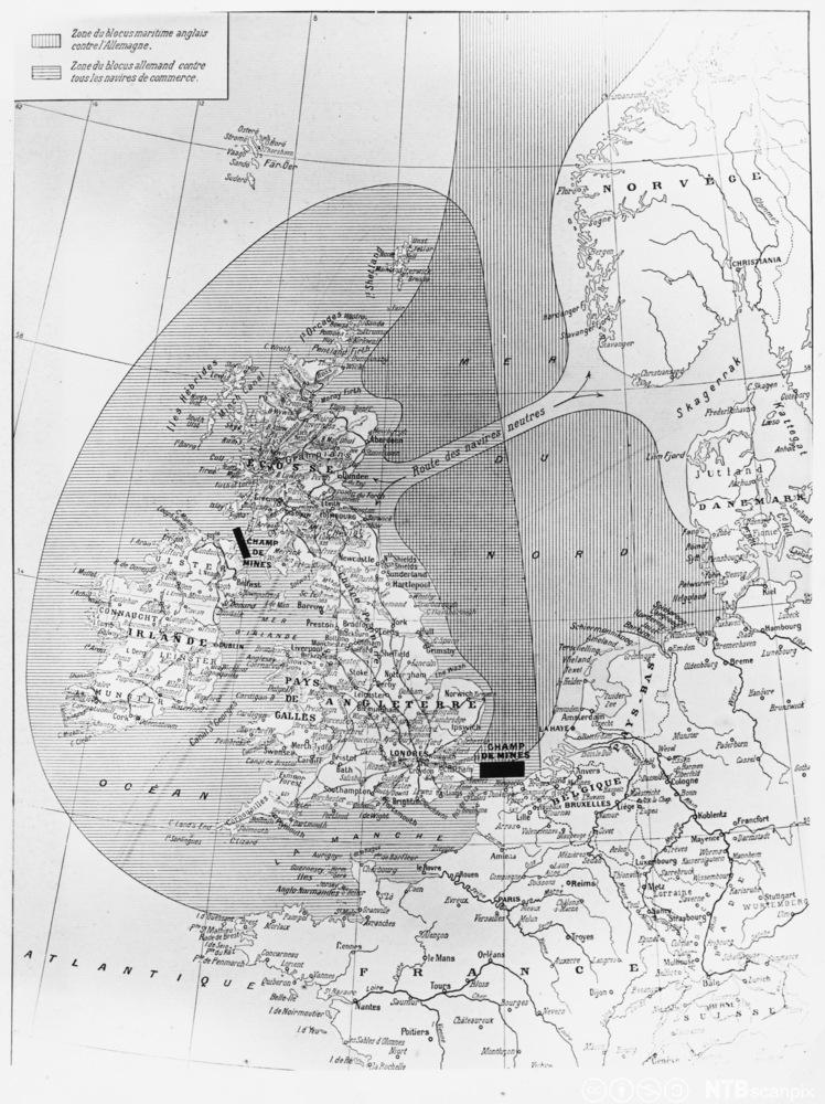 Kart som viser områder som tyske og britiske krigsskip blokkerte under 1. verdenskrig.