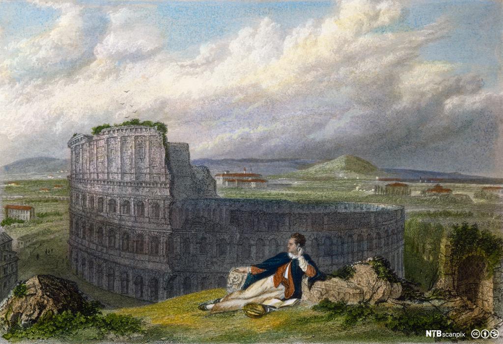 Lord George Byron sitter tankefull foran Colosseum i Roma. Illustrasjon