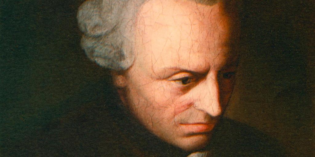 Portrettmåleri av filosofen Emmanuel Kant: Mann med grått hår og høg panne. Måleriet er krakelert. Måleri.