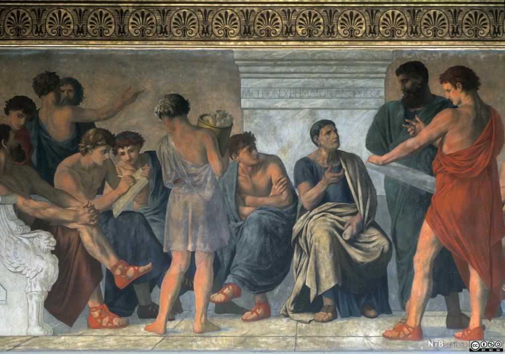 Freske der Aristolteles sitter på en benk omgitt av elever. Maleri.