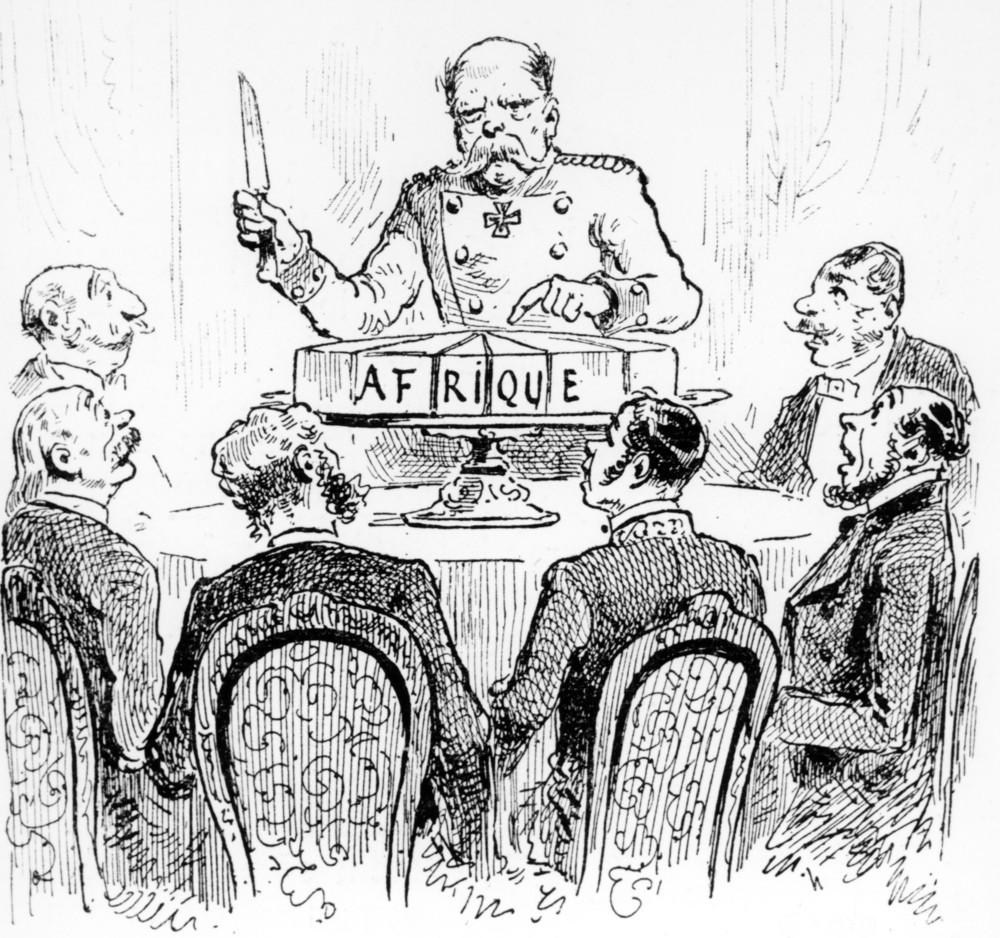 Fransk karikatur av Bismarck som vil dele Afrika som en kake. Fra Berlinkonferansen i 1884. Illustrasjon.
