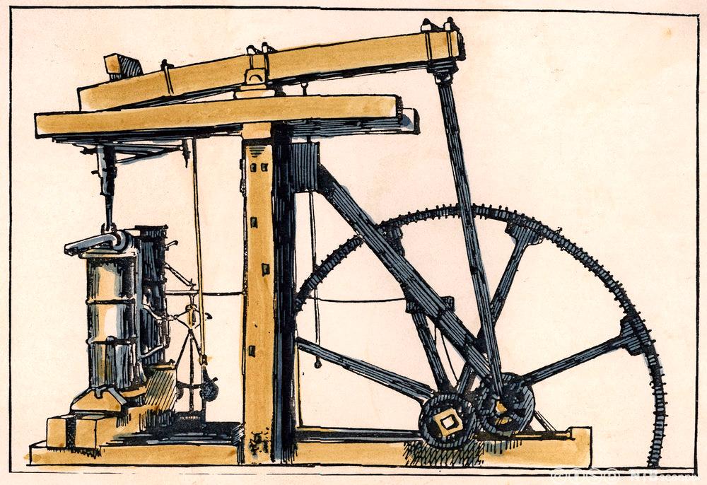 Dampmaskina til James Watt. Illustrasjon. 