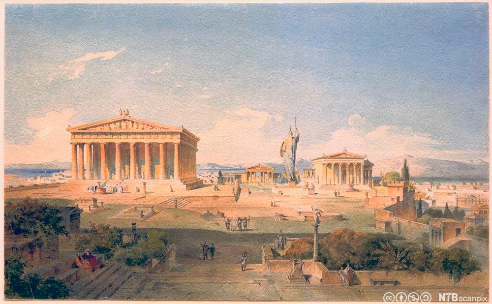 Idealisert rekonstruksjon av  Akropolis, Athen i antikken. Fleire store tempel med søyler på ei høgde. Grupper av menneske er samla på høgda. Måleri.