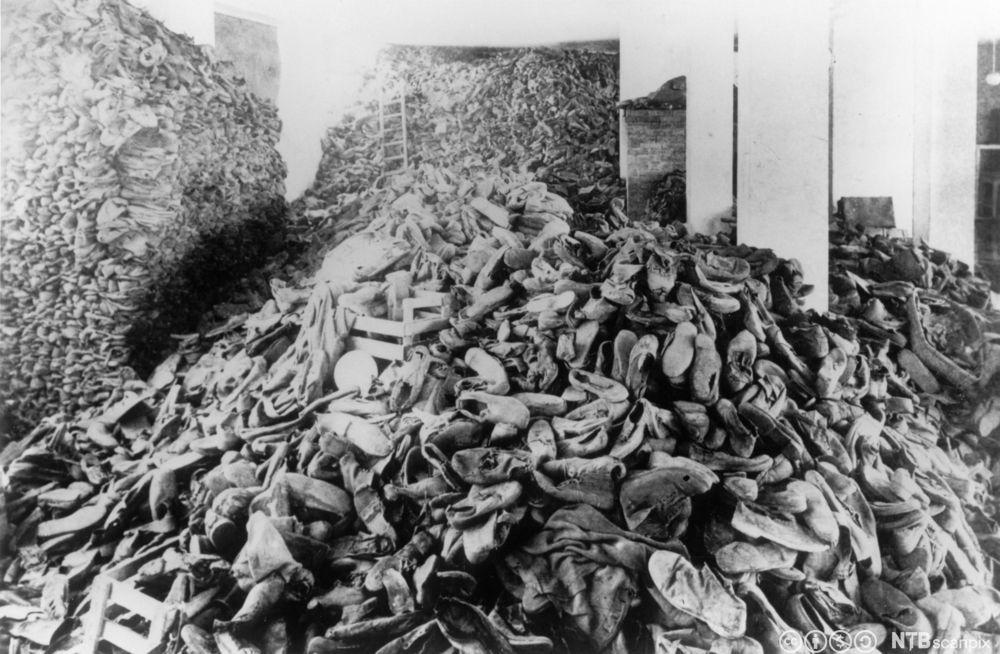 Hauger med sko samlet i Auschwitz etter de som ble drept i dødsleiren. Foto.