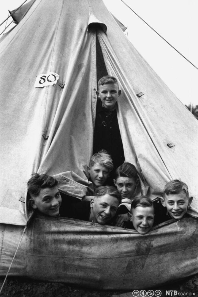 En gjeng gutter som kikker ut av et stort telt. Foto.