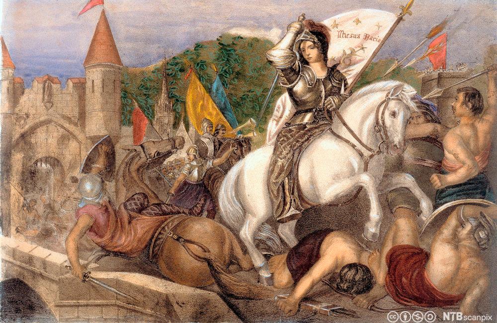 Jeanne d'Arc til hest med flagg i hånda. Litografi.