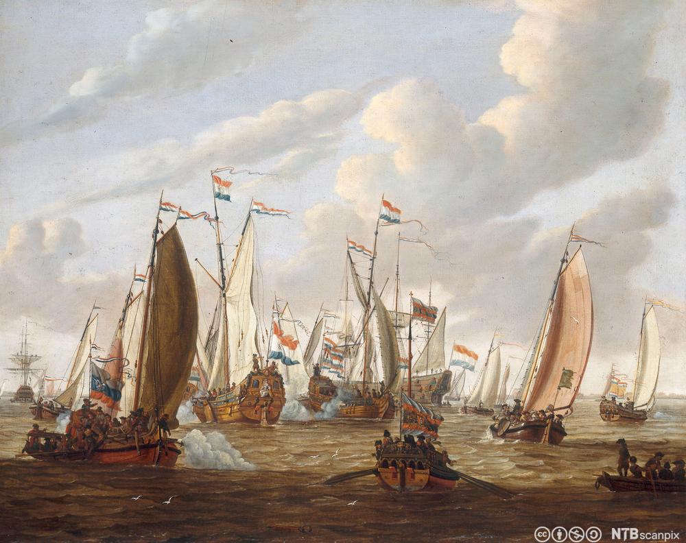 Flere store seilskuter med nederlandsk flagg på havet. Maleri.