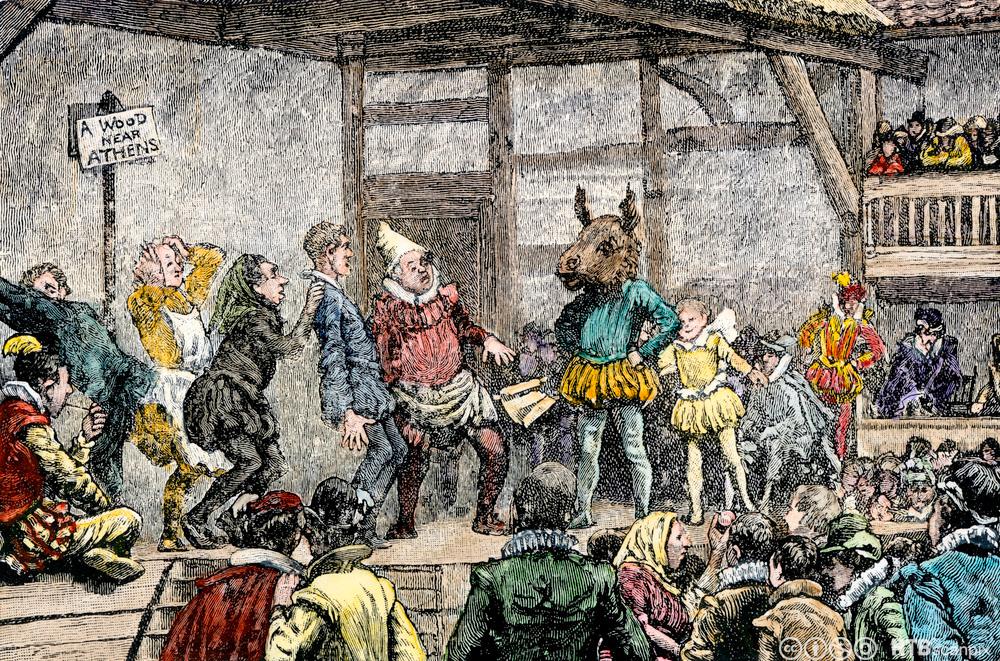 Coloured drawing: Theater scene from the Elizabethan Age. Actors are all dressed up in colourful costumes. One wears a donkey mask over his head. There is a crowd watching the play. Clues such as a sign saying "a wood near Athens" hanging on the wall, as well as the man with the donkey head tells us that this is a production of William Shakespeare's play ' A Midsummer Night's Dream'