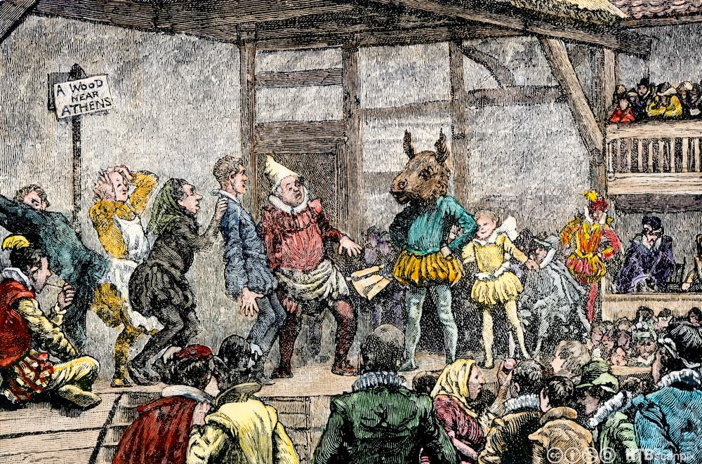 Hand coloured woodcut: We see actors in Elizabethan clothes. One is wearing a donkey head. There is an audience close to the stage and on balconies. They are also wearing Elizabethan clothes. 