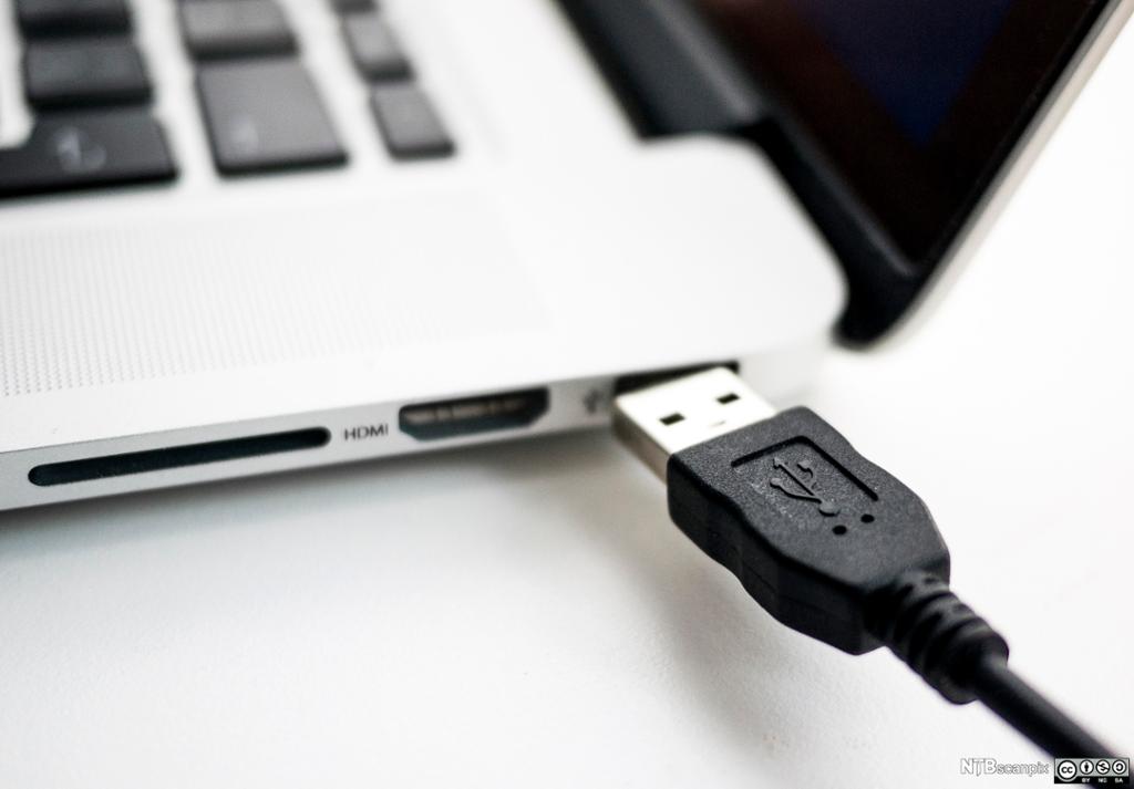 Ein USB-kabel blir kopla inn i sida på ein berbar PC. Foto.