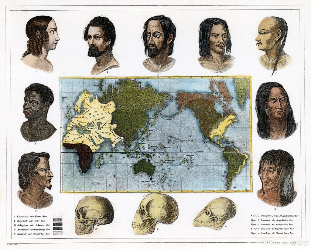 Gammelt oppslagsverk viser et verdenskart omkranset av tegninger av hodene til mennesker fra ulike folkegrupper. Illustrasjon.