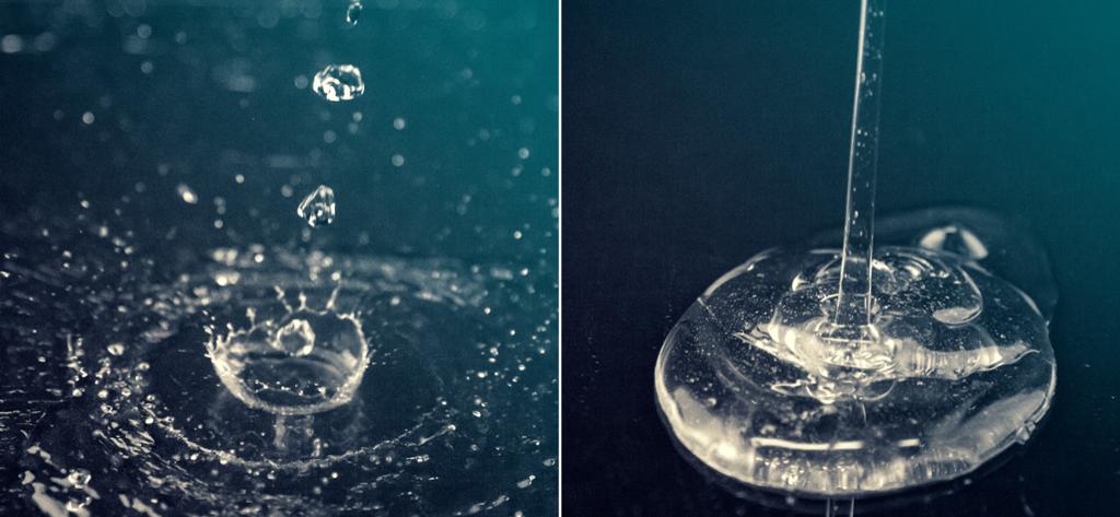 To bilder som viser tynn og tykk væske som helles ut på en glassflate. Foto.