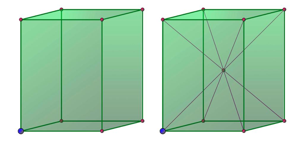 To kubiske illustrasjonar der det i kvart hjørne er ei kule, og det er strek mellom kulene. I illustrasjonen til høgre er det i tillegg ei kule i senter av kuben. Illustrasjon.