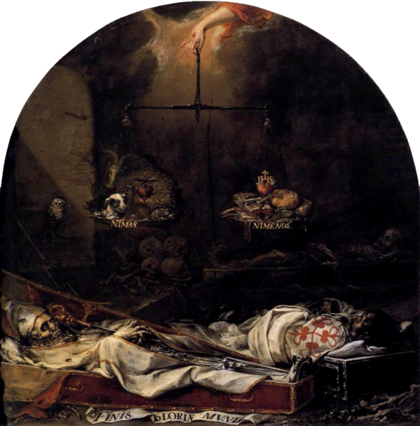 Bildet viser de halvt oppløste lika av en biskop og en riddar. Maleri.