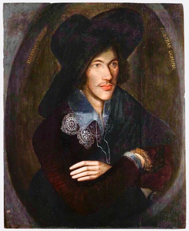 A painting of the English poet John Donne. He's wearing a large black hat and a dark red jacket. He's looking away from the audience and holding his arms crossed. 
