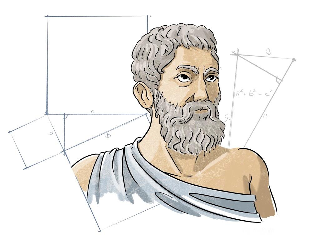 Grekaren Pytagoras og nokre rettvinkla trekantar. Illustrasjon.
