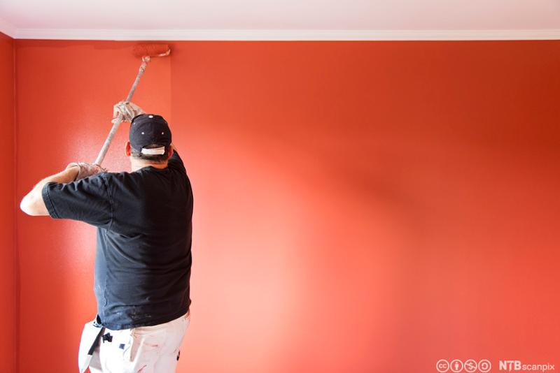 Maler som maler en rød vegg. Foto.