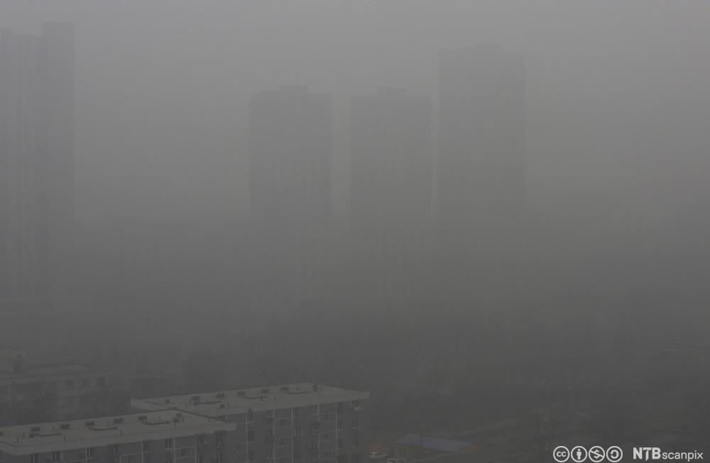 Høgblokker i Beijing er såvidt synlege på grunn av tett forureining. Foto.