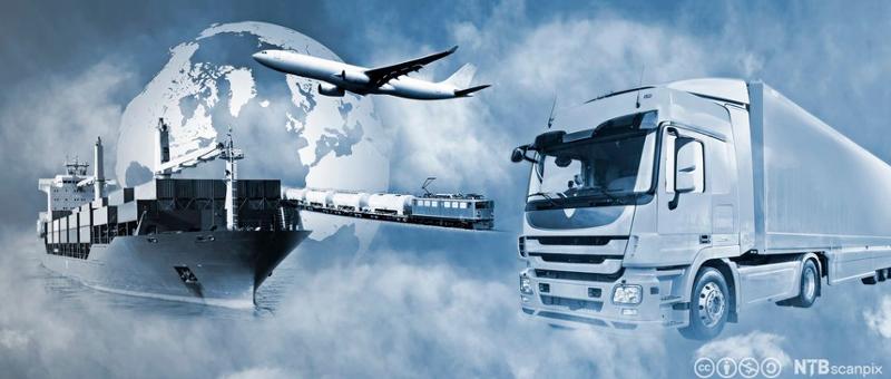 De fire transportsystemene – bilder av et skip, et fly, et tog og en lastebil er satt sammen. Bakgrunnen er en skyete himmel, og jorda kan skimtes bak skyene. Fotokollasj.
