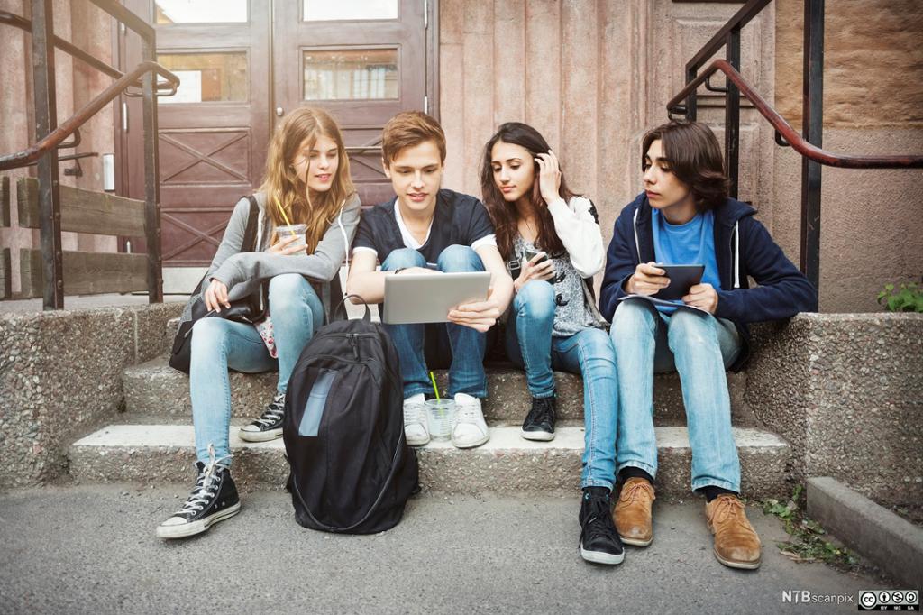 Fire elever sitter i en trapp og leser og viser hverandre innhold på nettbrett og mobiltelefoner. Foto.