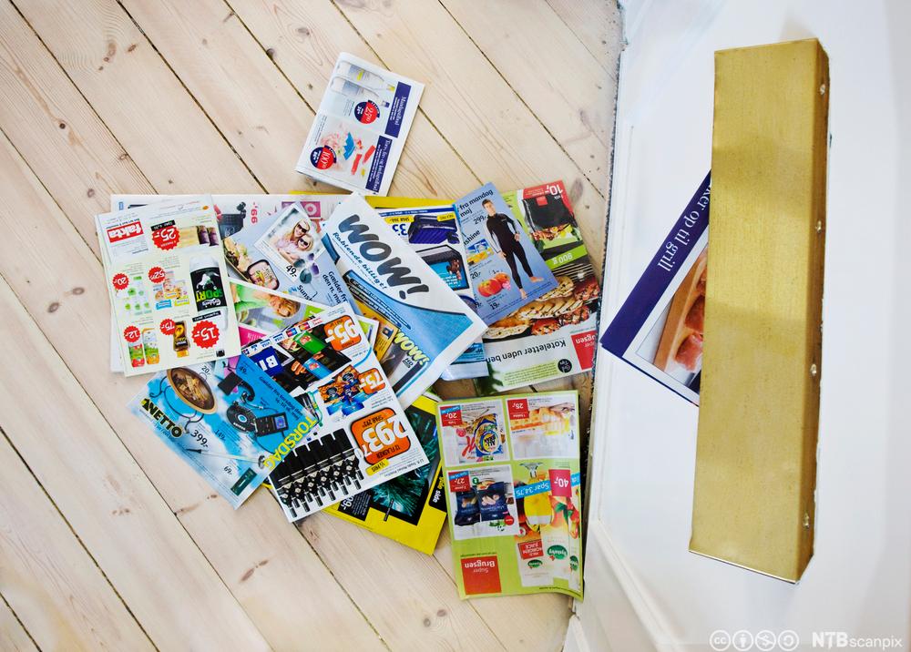 En haug med reklamebrosjyrer ligger på gulvet, rett under brevsprekken i inngangsdøra. Foto.