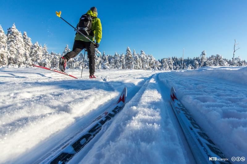 Skiløper på langrennski i fine skiskop. Foto.