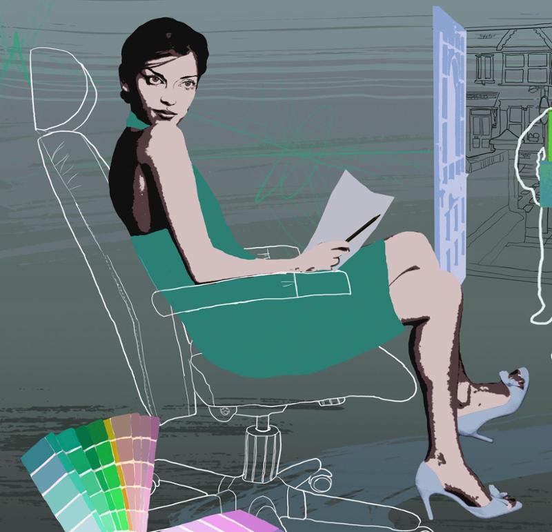 En kvinne sitter i en stol foran en PC. Noen holder opp en fargevifte i forgrunnen. Illustrasjon.