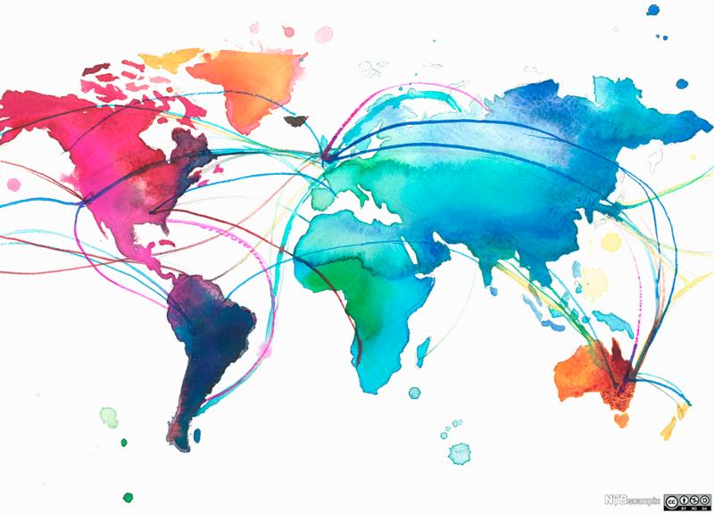 United Kingdom with connections across multicolored world map. Illustration.