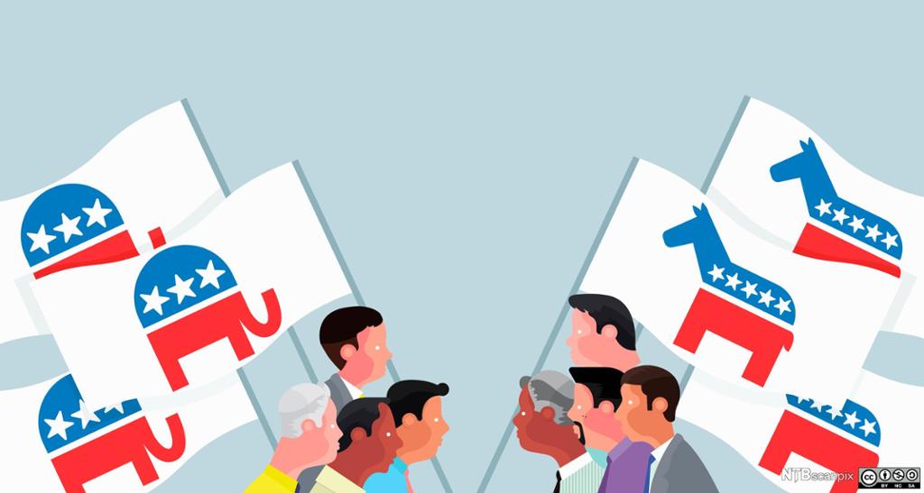Illustration: Republican and Democrat campaigners carrying flags with donkey and elephant symbols are facing each other, staring at each other. 
