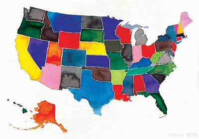 Watercolor map of United States and Alaska