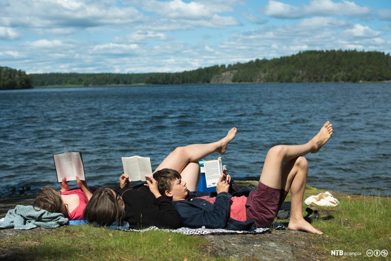 Tre personer ligger i gresset ved en innsjø og leser. Det er sommer og sol. Skog i bakgrunnen. Foto.
