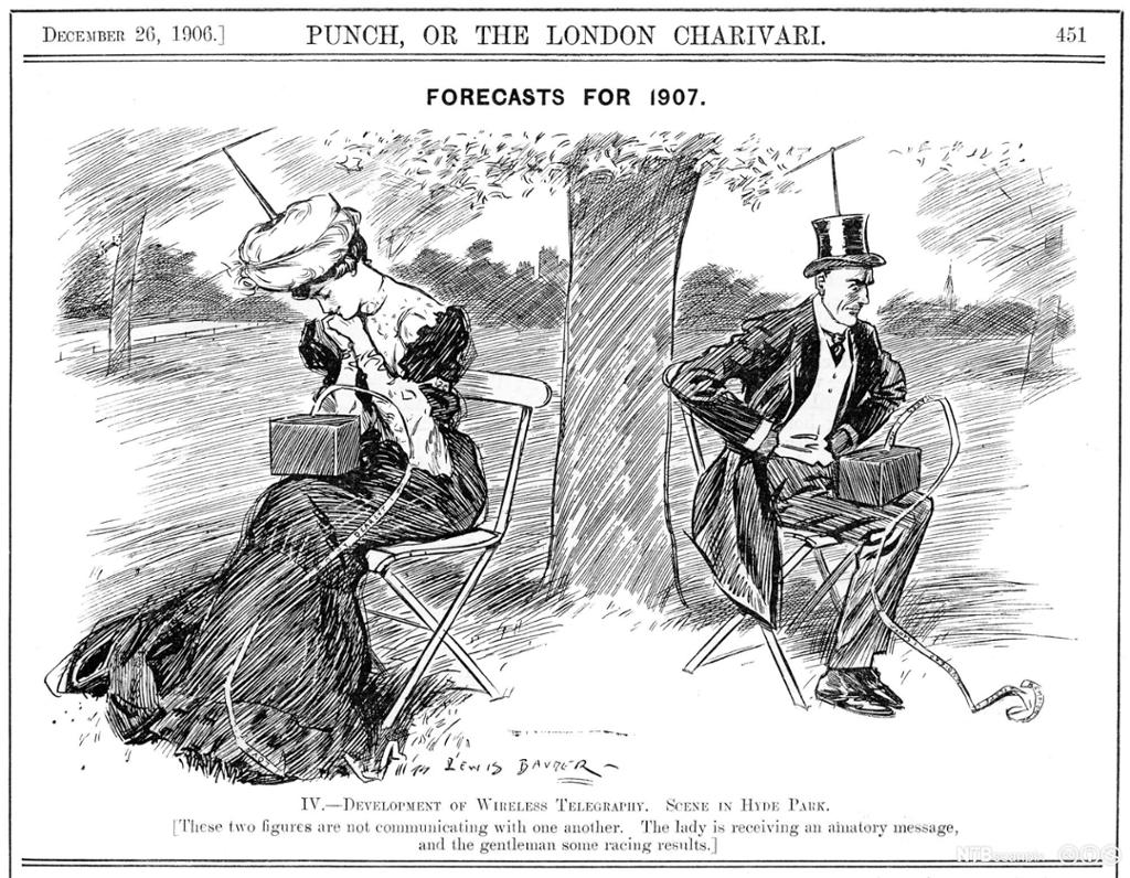 Eit par kledd i klede frå byrjinga av 1900-talet sit opptatt med kvar sin telegraf med antenne i hatten. Teikning.
