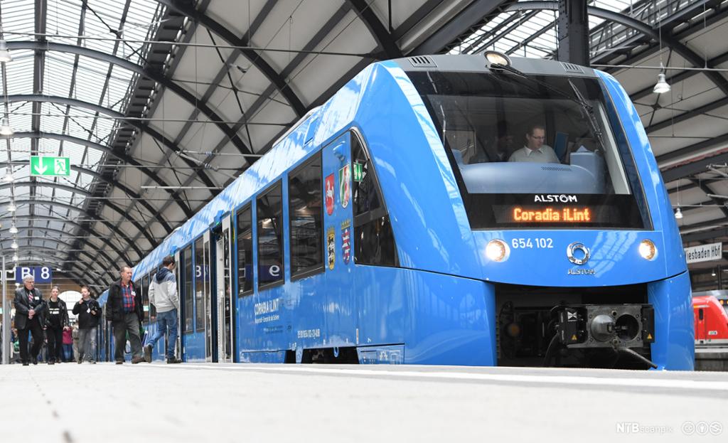Blått tog ved perrongen. Foto.