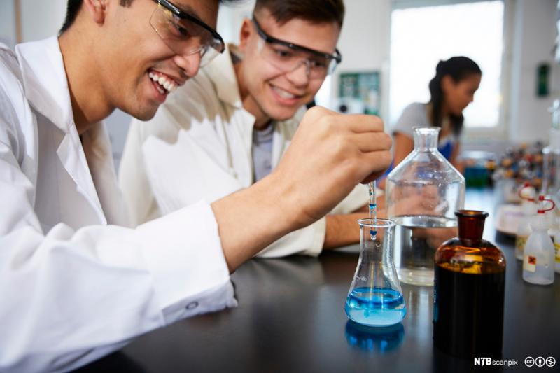 To mannlige elever jobber på en kjemilab. De har på seg laboratoriefrakker og beskyttelsesbriller, og den ene drypper noe i en kolbe med væske. Foto.