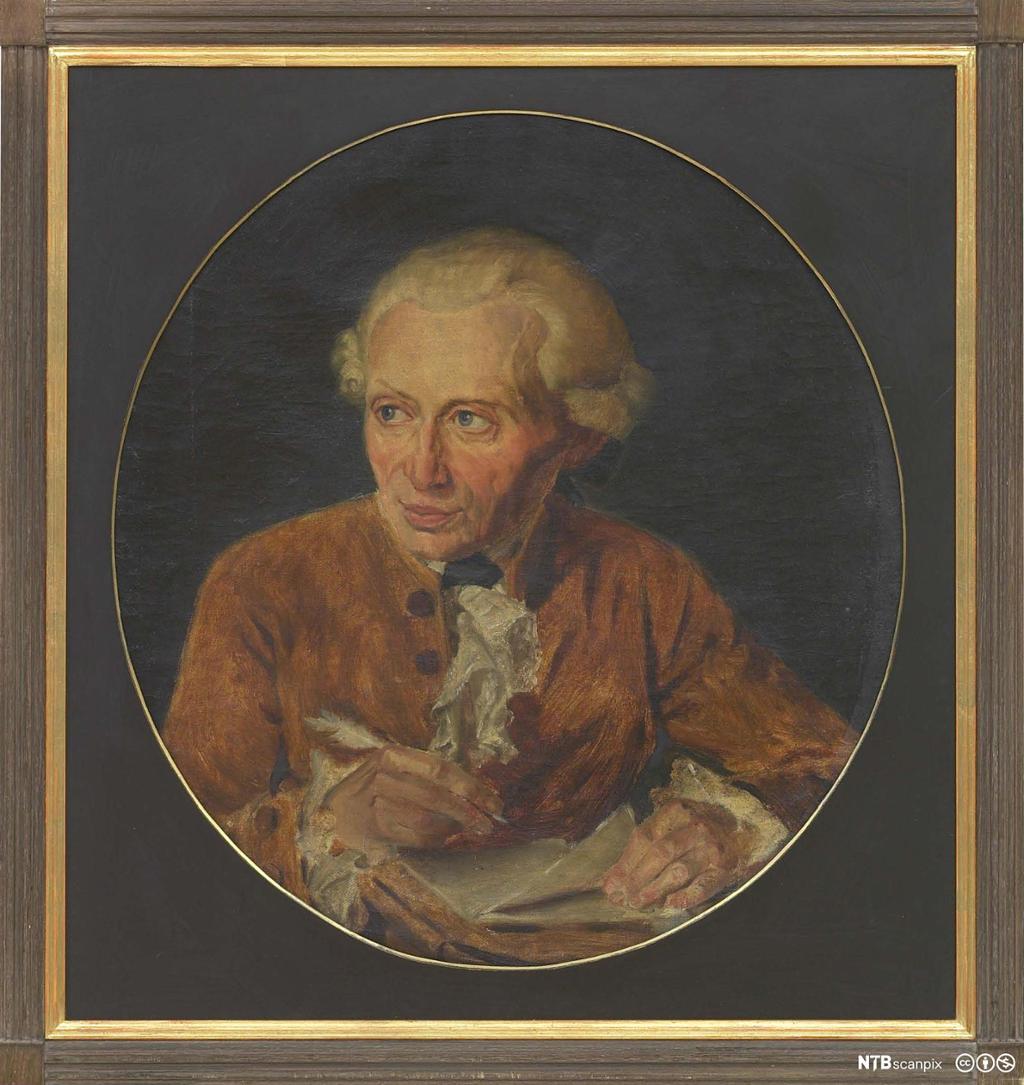 Portrett av eldre mann med hvit parykk som sitter og skriver. Maleri.