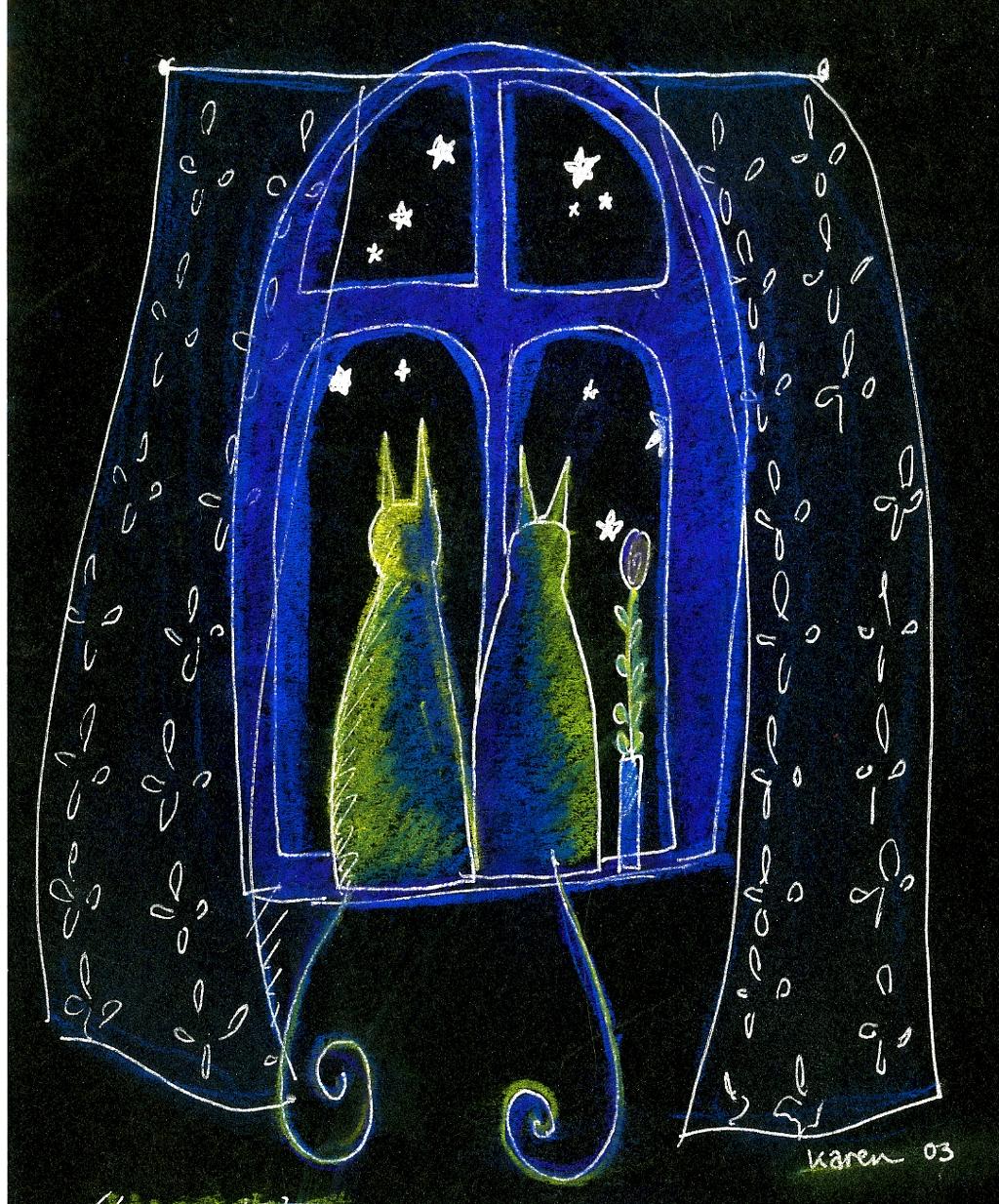 barnetegning av to katter i et vindu.ilustrasjon