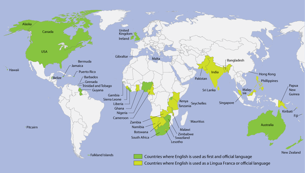 Map of the English Speaking World identifying countries where English is used as a first and official language and countries where English is used as a Lingua Franca or official language. Illustration.