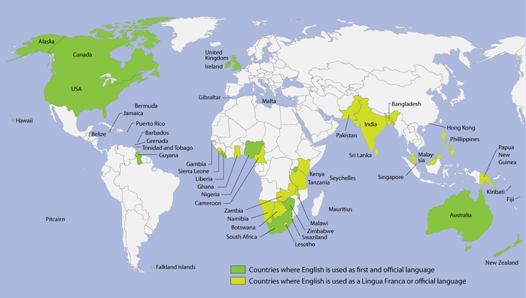 Verdenskart som viser hvilke land som bruker engelsk. Engelsk er offisielt språk i Australia, Sør Afrika, Zimbawe, Liberia, Guyana, Irland,  USA, Canada, Nigeria, Storbritannia og New Zealand. Det er offisielt språk i Zambia, Namibia, Ghana, Botswana, Malawi, Sierra Leone , Gambia, Kanya, Tanzania, Kamerun, Pakistan, India, Sri Lanka, Singapore, Malaysia, Hong Kong, Fillippinene og Ny Guinea. Illustrasjon.