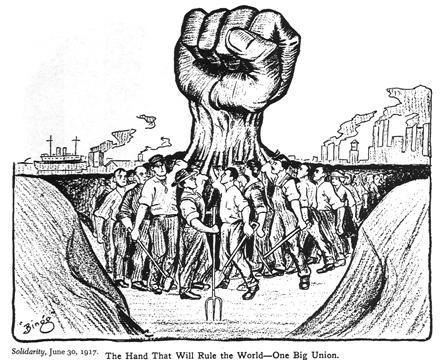 Tegning til støtte for en sterk fagbevegelse. Teningen viser arbeidere som samles under en stor knyttet neve og med industri i bakgrunnen. Tittelen er: The Hand That Will Rule the World - One Big Union. Illustrasjon.
